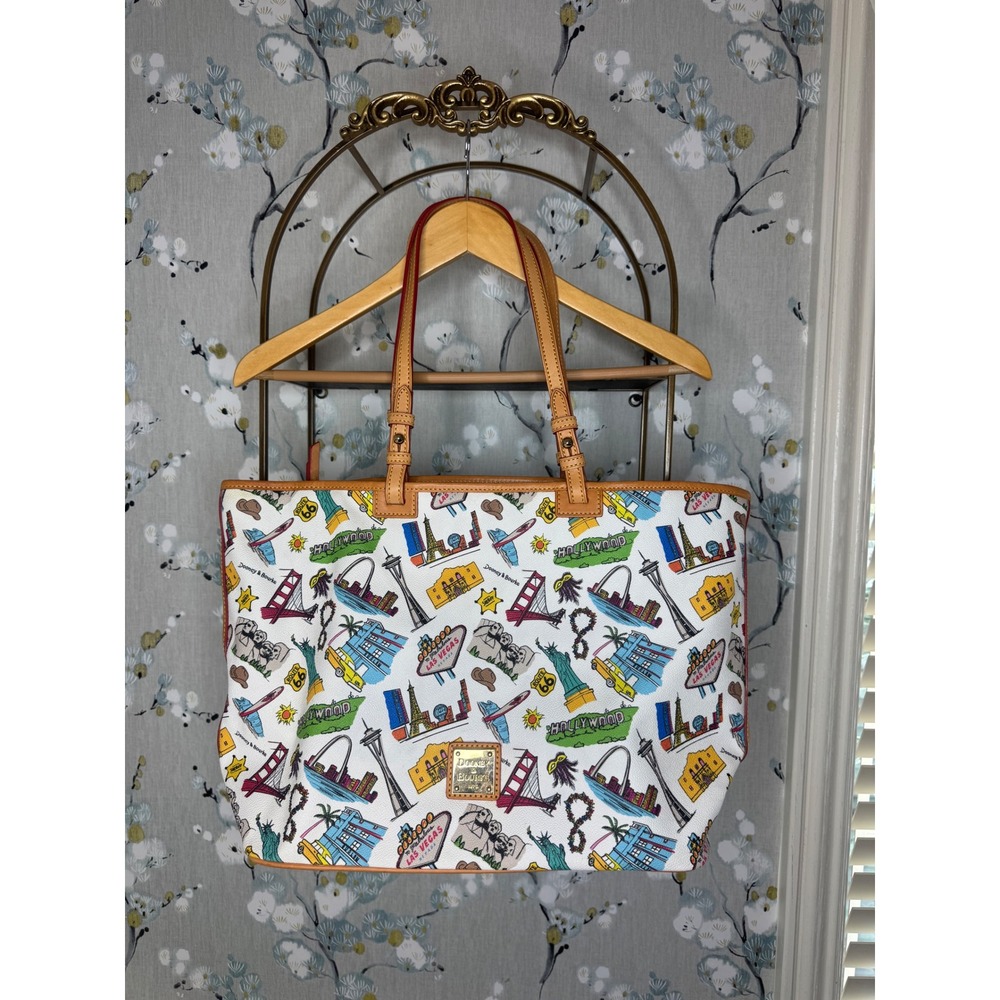 Dooney & Bourke USA Destinations Shopper Tote Bag White Multi Leather Trim